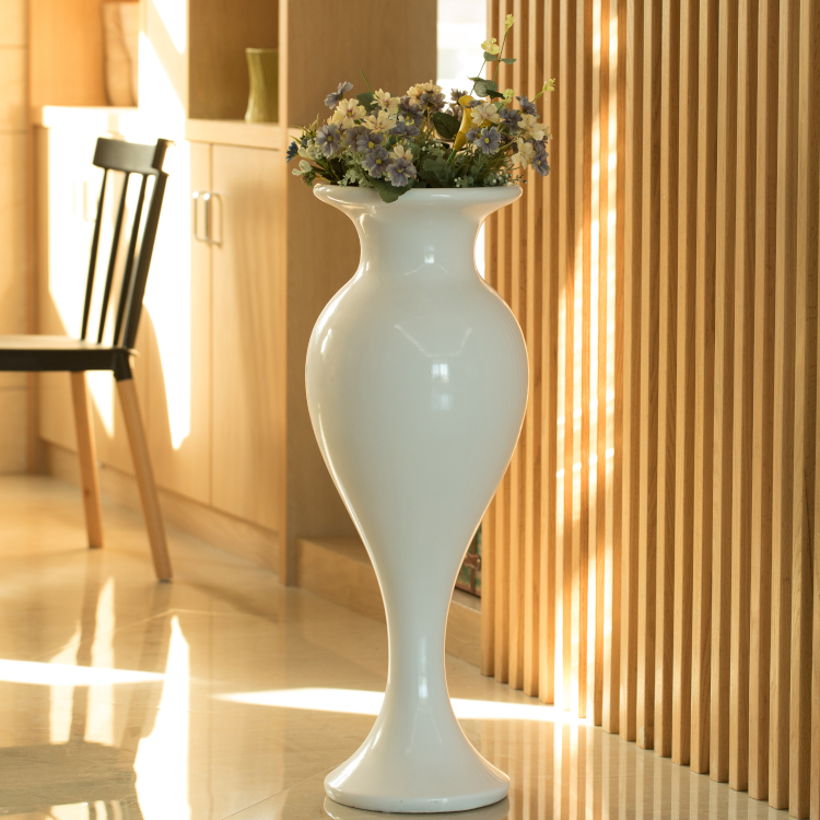 Large White Round Trumpet Modern Fiberglass Freestanding Flower Vase 33"