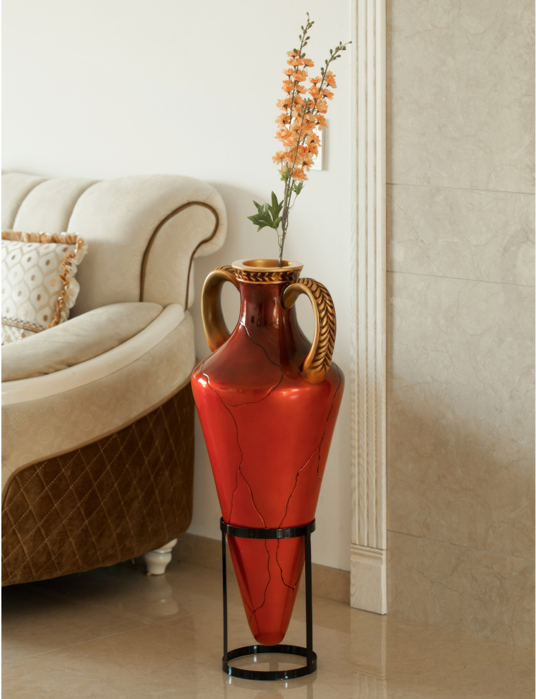 Roman Style Large Pointed Amphora 35" Tall Floor Vase on Metal Tripod Stand, Red and Gold